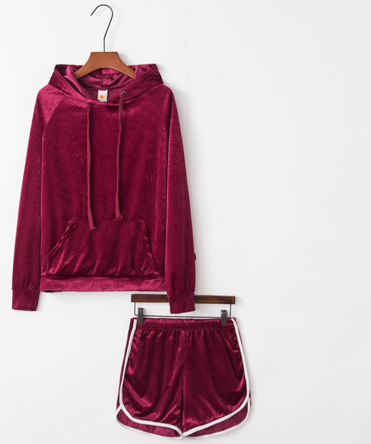 Velvet Sports Set with Hoodie and Shorts