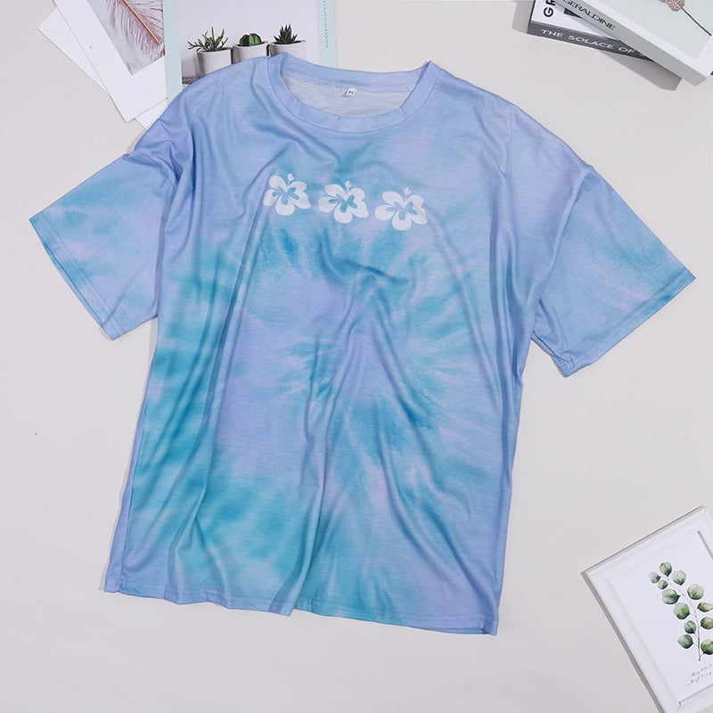 Blue Floral Print Women's T-Shirt - Casual Short Sleeve